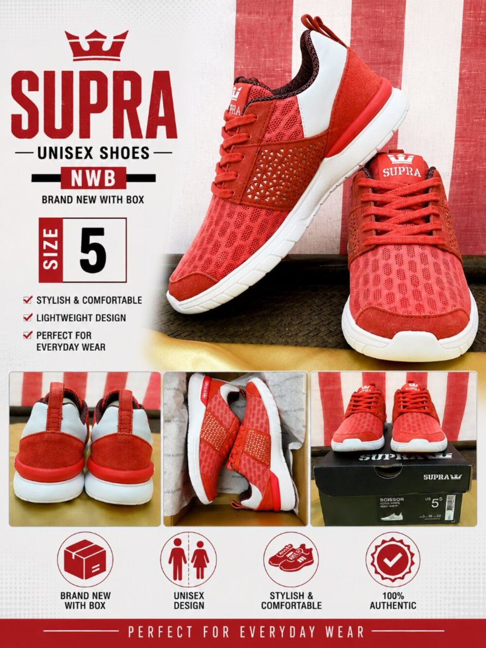 NWB Supra Scissor Sneakers Coral White Unisex Skate Shoes Size 5
